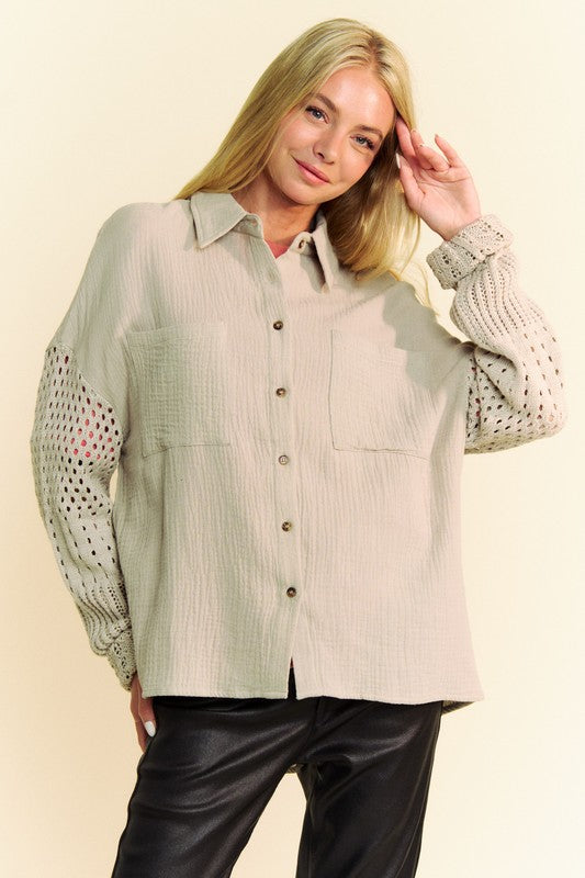 Crochet Sleeve Crinkled Texture Shirt