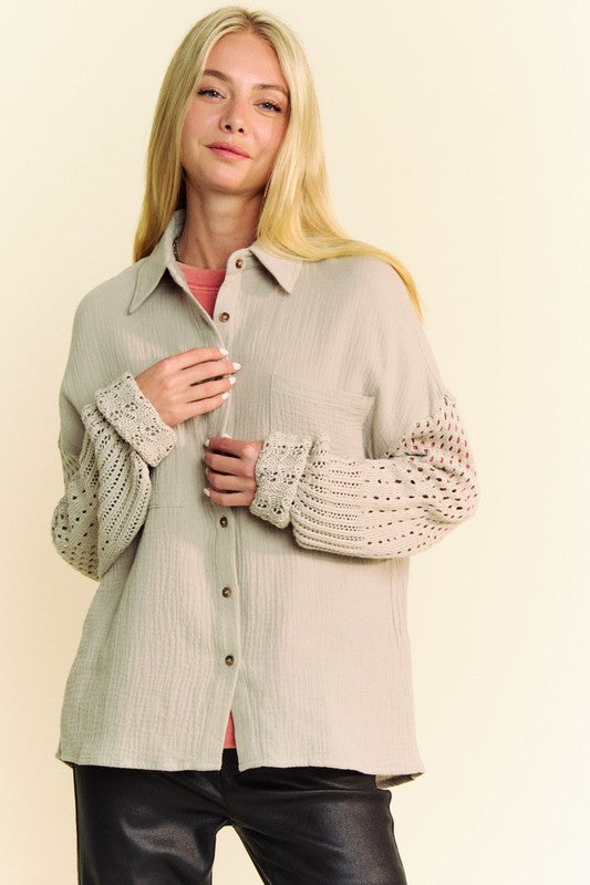 Crochet Sleeve Crinkled Texture Shirt