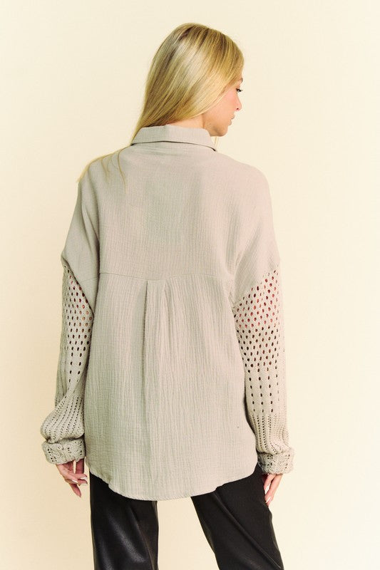 Crochet Sleeve Crinkled Texture Shirt