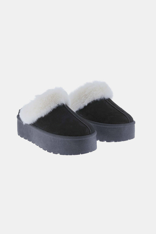 Black Platform Fur Trim Snow Slippers