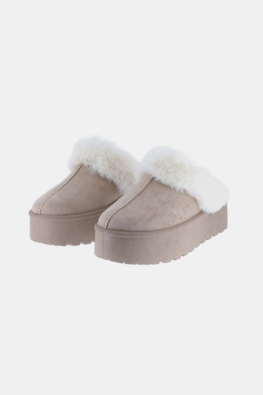 Taupe Fur Trim Snow Slippers