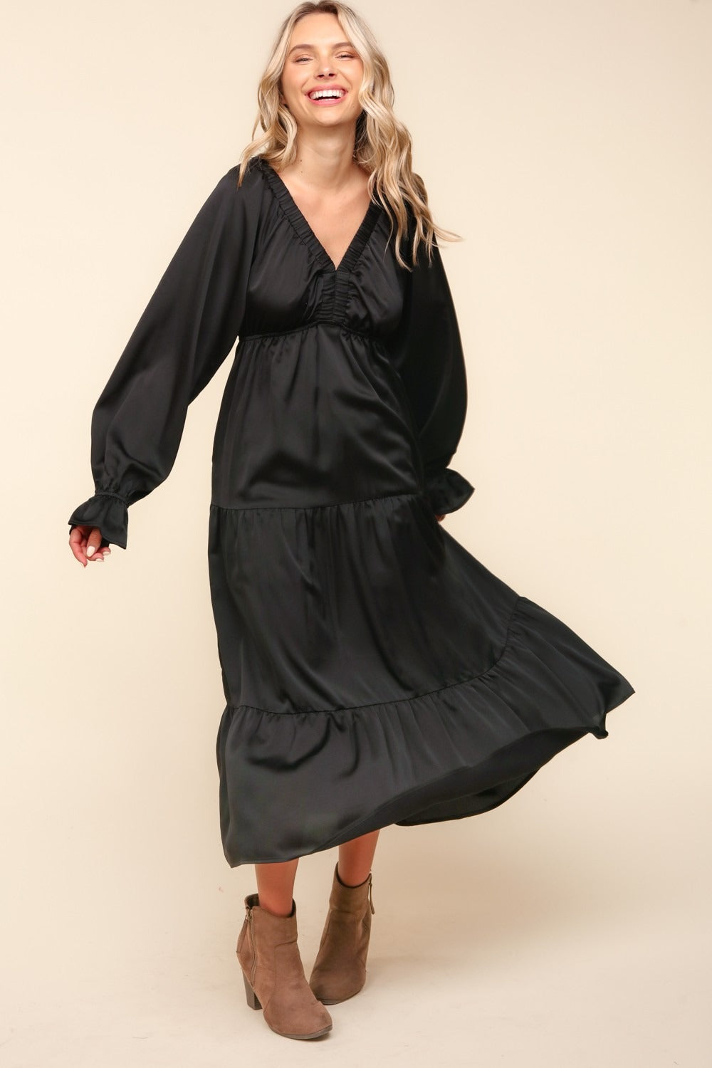 Flounce Sleeve Tiered Midi Dress with Pockets