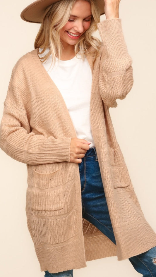 Stripe Textured Open Front Cardigan with Pockets